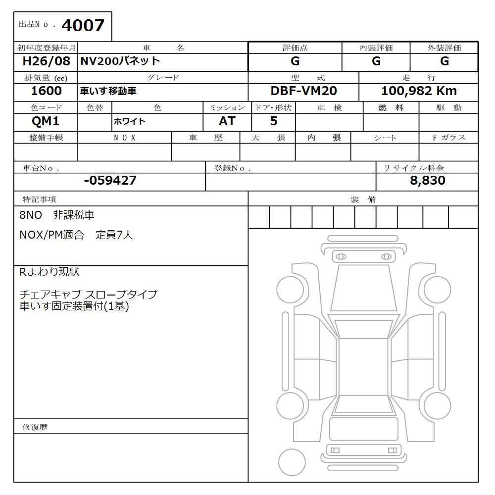 Аукционный лист NISSAN NV200 2014