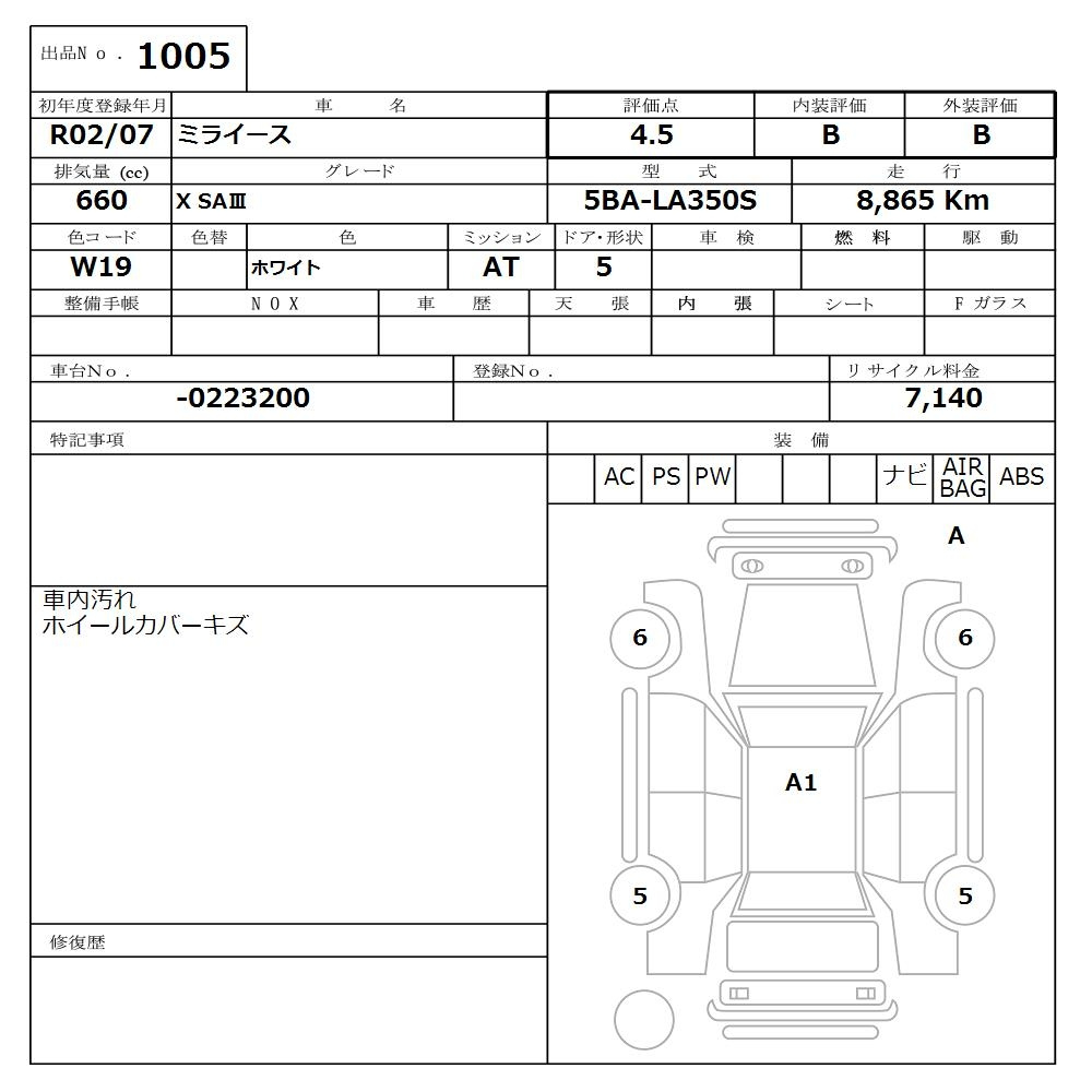 Аукционный лист DAIHATSU MIRA E S 2020