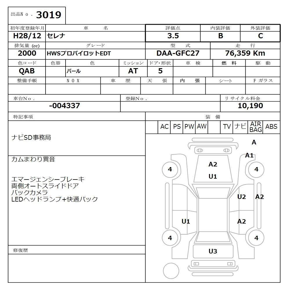 Аукционный лист NISSAN SERENA 2016
