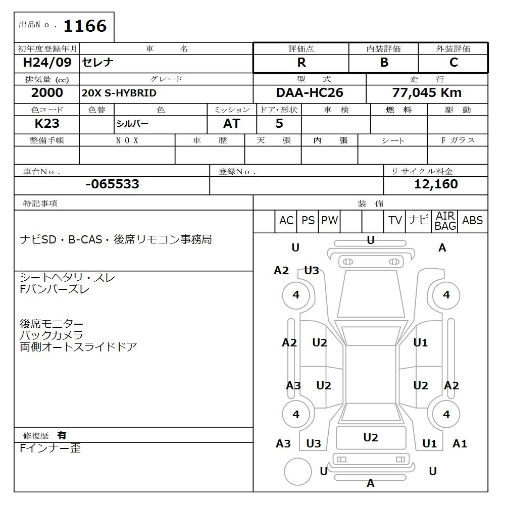 Аукционный лист NISSAN SERENA 2012