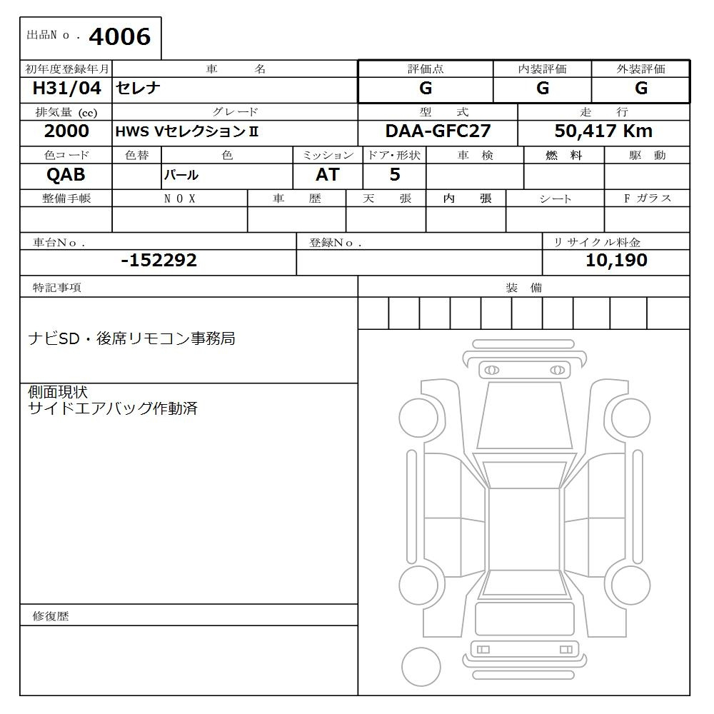 Аукционный лист NISSAN SERENA 2019