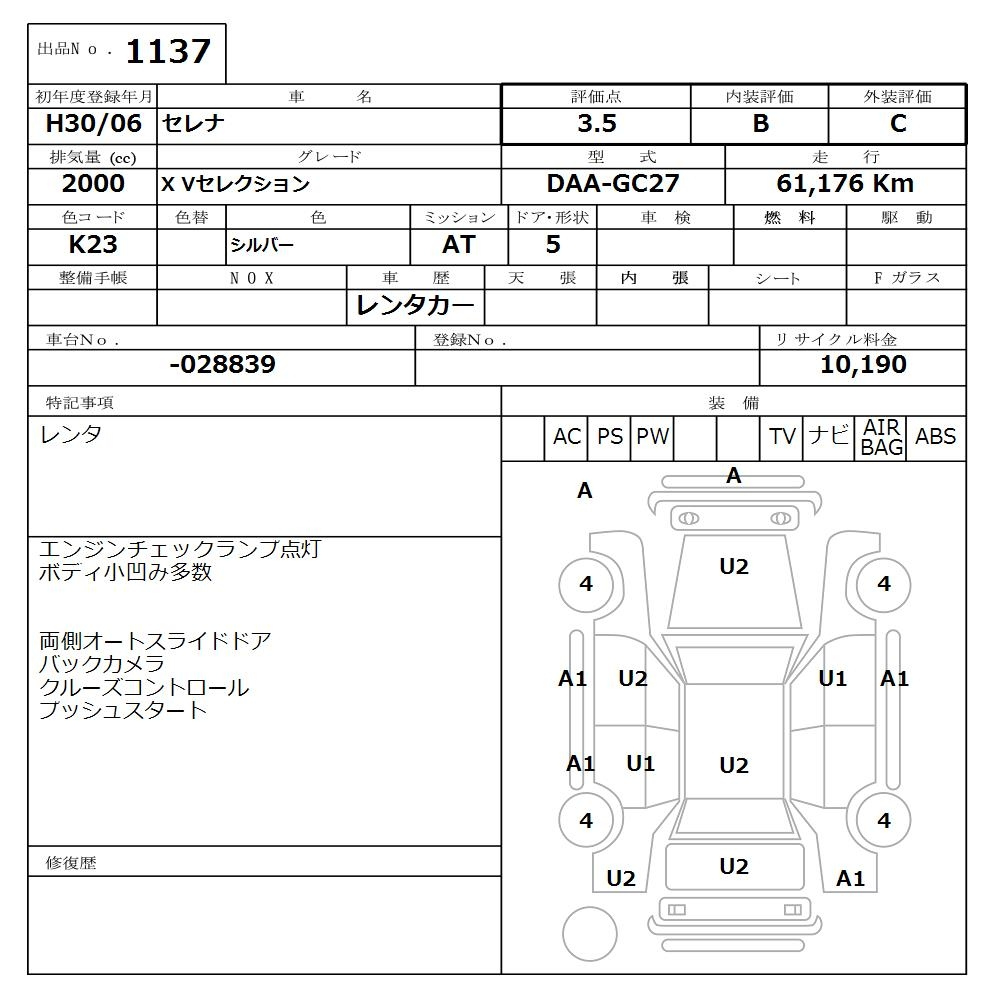 Аукционный лист NISSAN SERENA 2018
