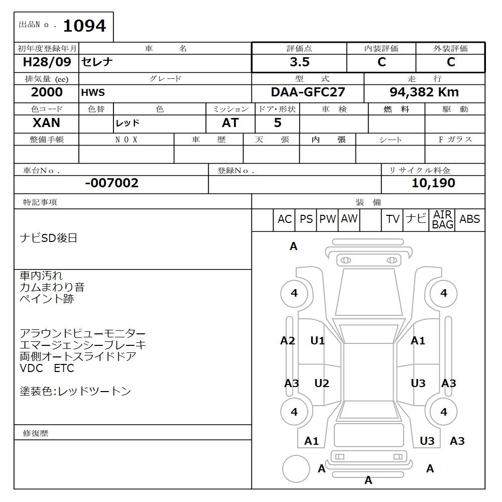 Аукционный лист NISSAN SERENA 2016