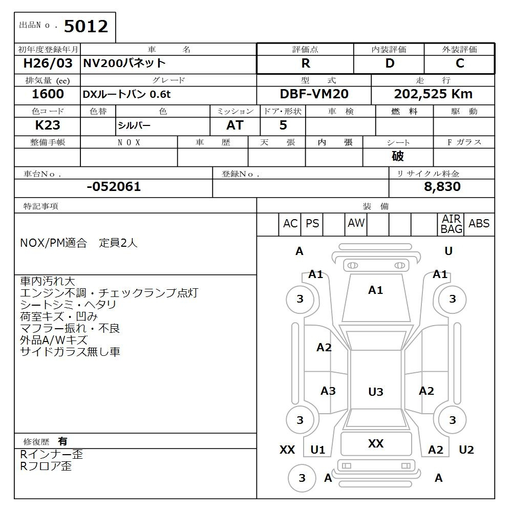 Аукционный лист NISSAN NV200 2014
