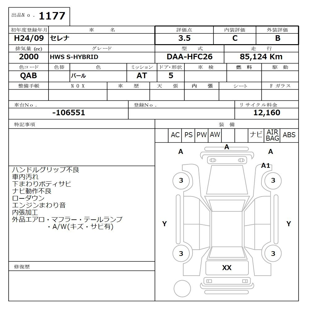 Аукционный лист NISSAN SERENA 2012