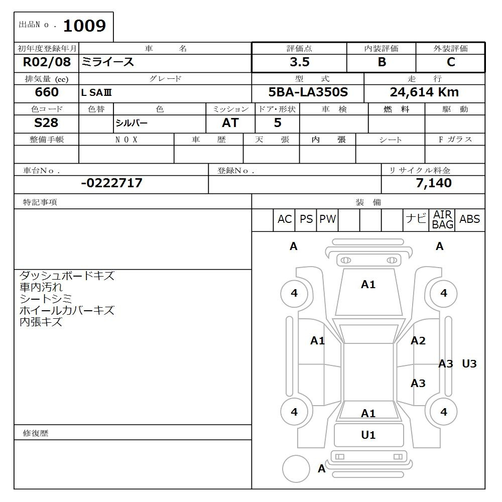 Аукционный лист DAIHATSU MIRA E S 2020