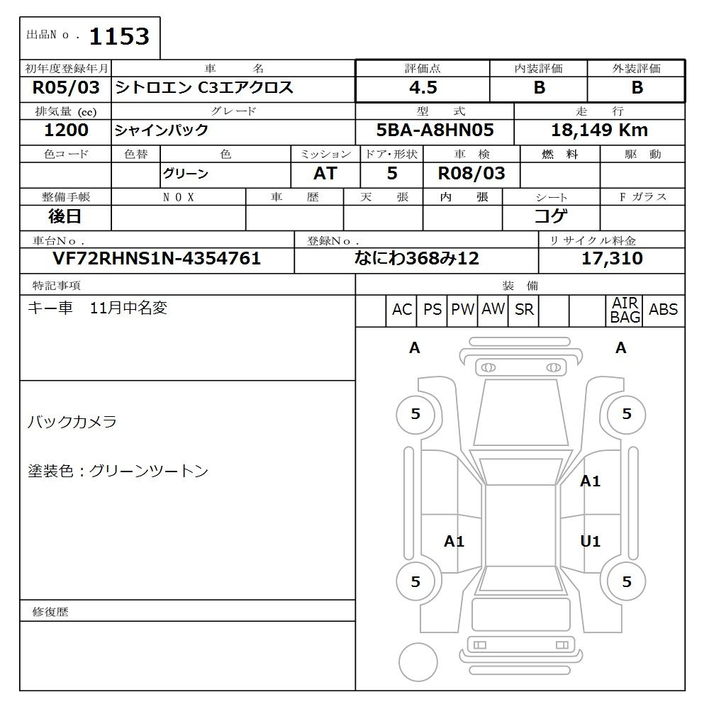 Аукционный лист CITROEN C3 2023