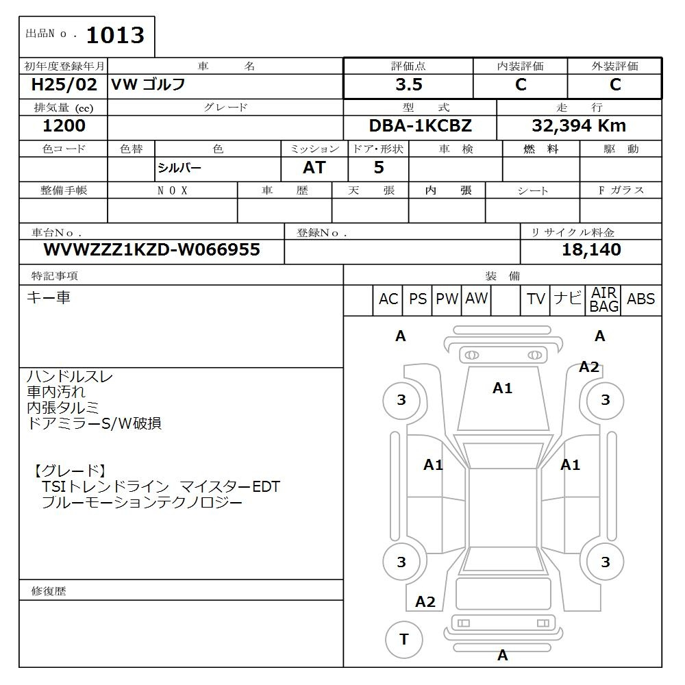Аукционный лист VOLKSWAGEN GOLF 2013