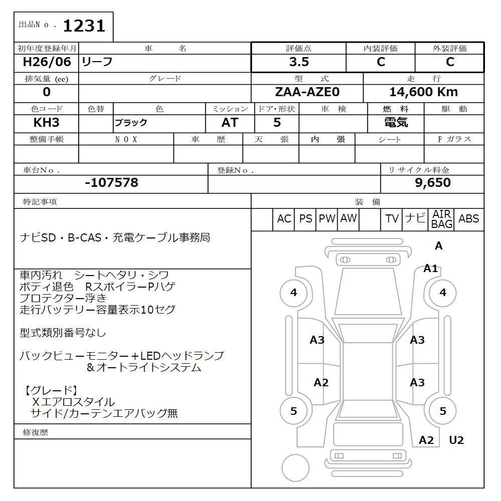 Аукционный лист NISSAN LEAF 2014