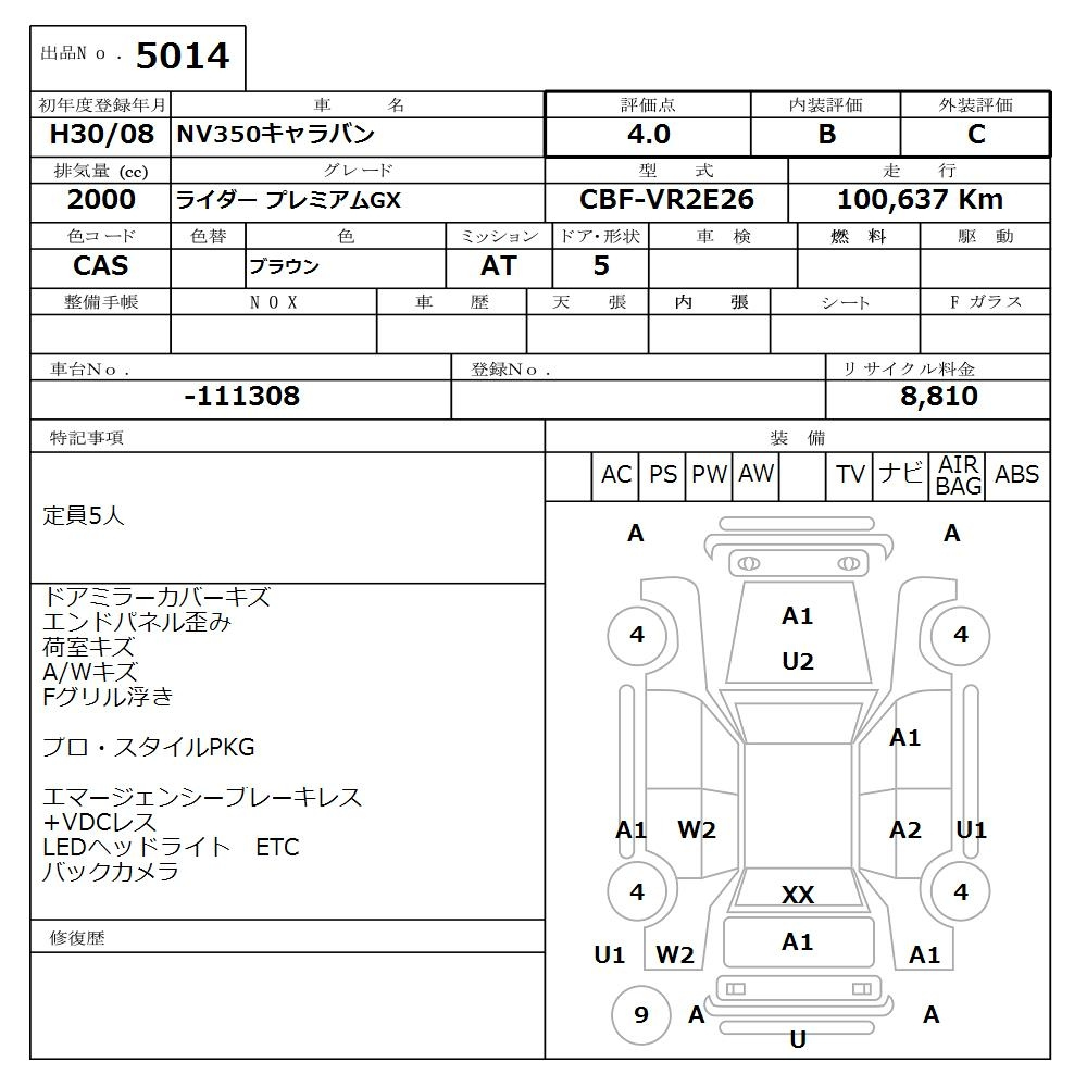 Аукционный лист NISSAN CARAVAN VAN 2018