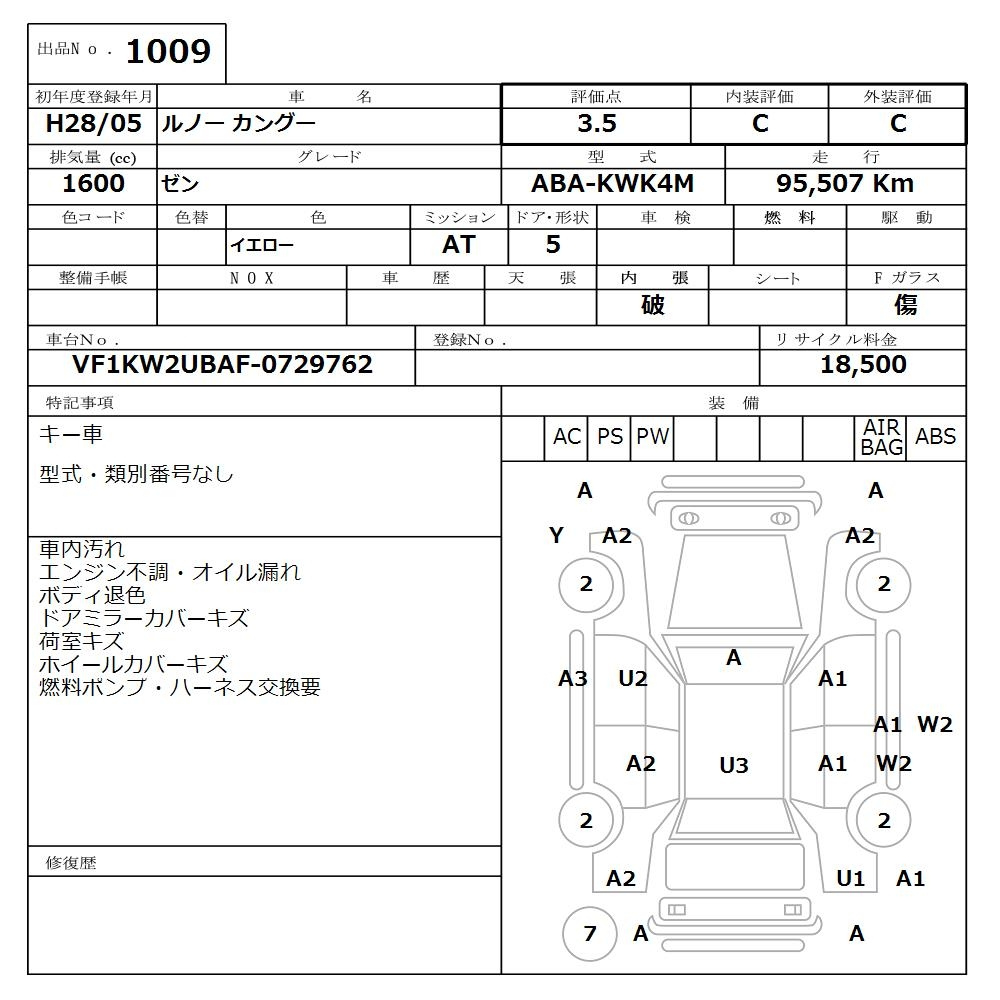 Аукционный лист RENAULT KANGOO 2016