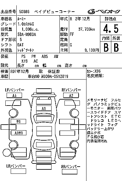 Аукционный лист TOYOTA ROOMY 2020
