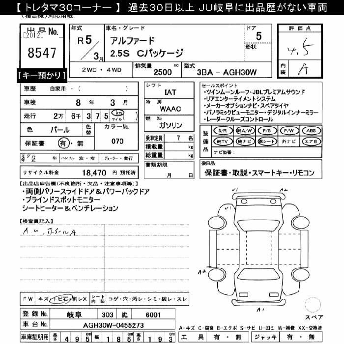 Аукционный лист TOYOTA ALPHARD 2023