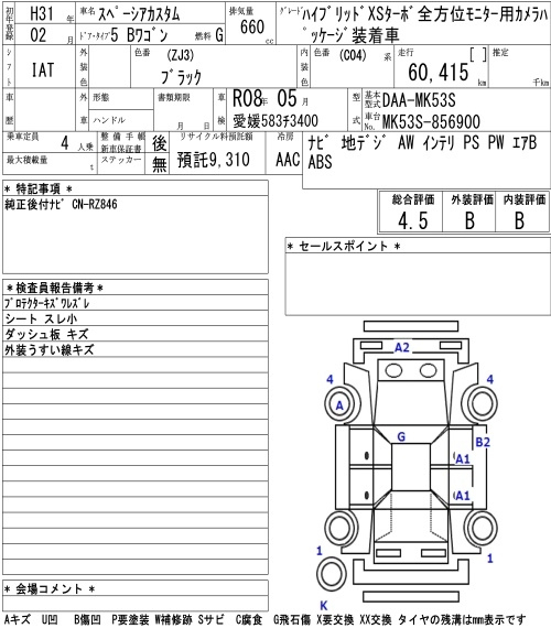 Аукционный лист SUZUKI SPACIA CUSTOM 2019