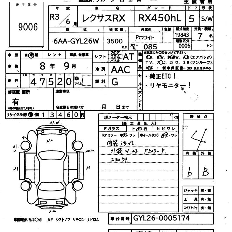 Аукционный лист LEXUS RX 2021