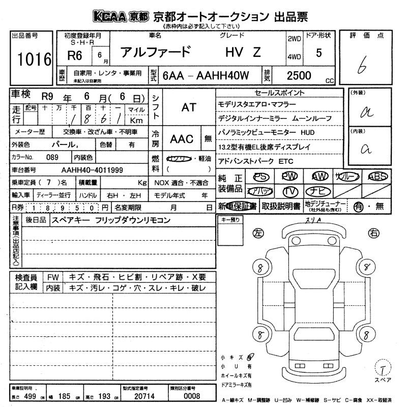 Аукционный лист TOYOTA ALPHARD 2024