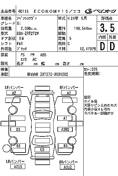 Аукционный лист TOYOTA AVENSIS WAGON 2012