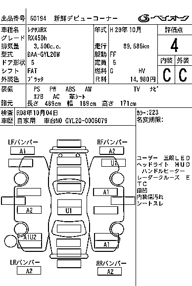 Аукционный лист LEXUS RX 2017