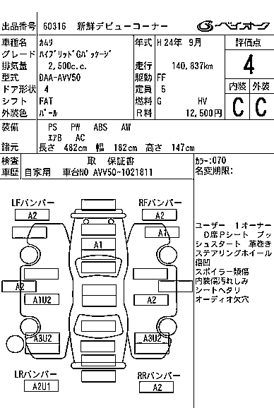 Аукционный лист TOYOTA CAMRY 2012