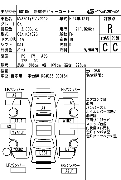 Аукционный лист NISSAN CARAVAN 2012
