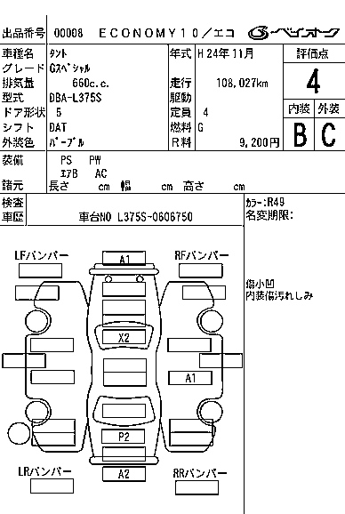 Аукционный лист DAIHATSU TANTO 2012