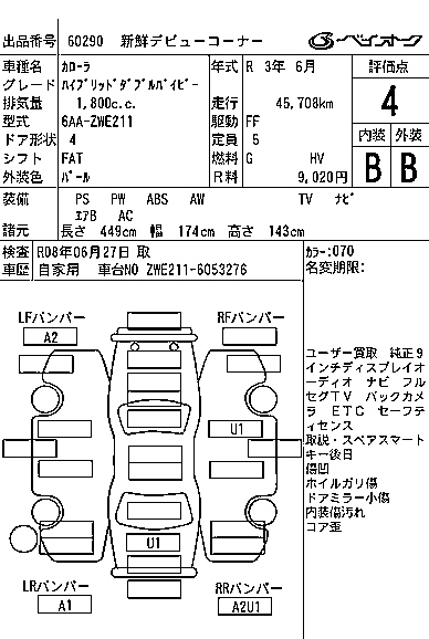 Аукционный лист TOYOTA COROLLA 2021