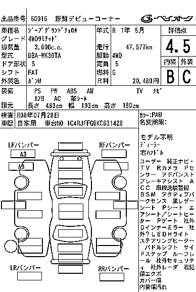 Аукционный лист CHRYSLER JEEP GRAND CHEROKEE 2019