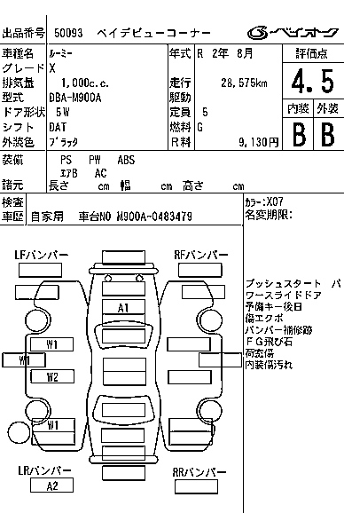 Аукционный лист TOYOTA ROOMY 2020