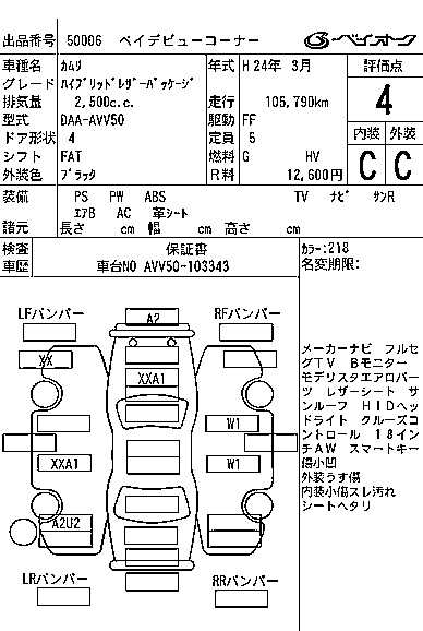 Аукционный лист TOYOTA CAMRY 2012