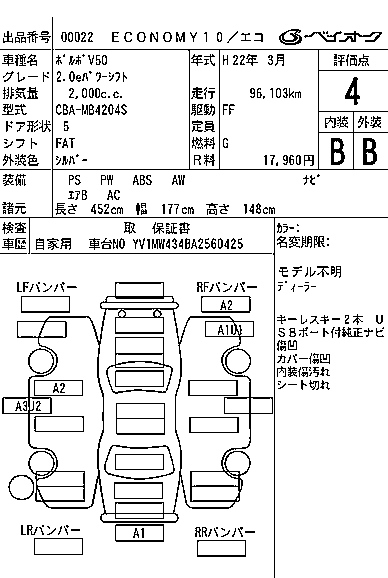 Аукционный лист VOLVO V50 2010