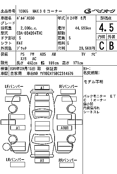 Аукционный лист VOLVO XC60 2012