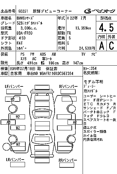 Аукционный лист BMW 5 SERIES 2010