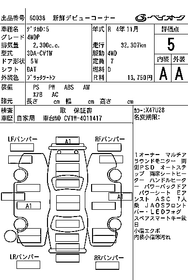 Аукционный лист MITSUBISHI DELICA D5 2022