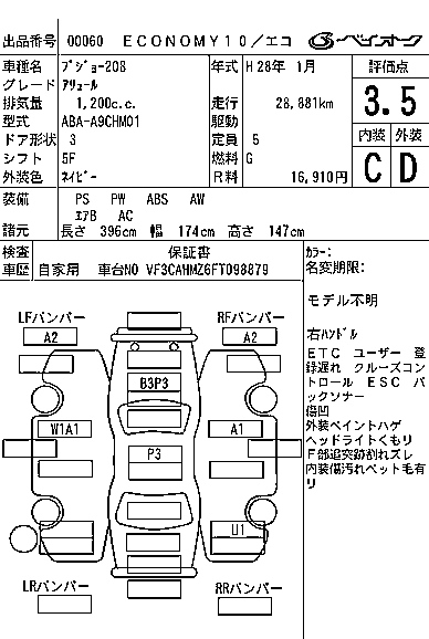 Аукционный лист PEUGEOT 208 2016