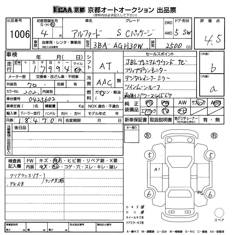 Аукционный лист TOYOTA ALPHARD 2022