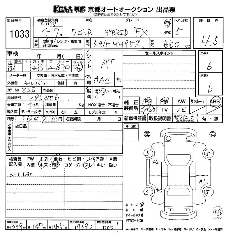 Аукционный лист SUZUKI WAGON R 2022
