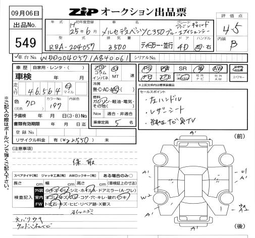 Аукционный лист MERCEDES BENZ C CLASS 2013