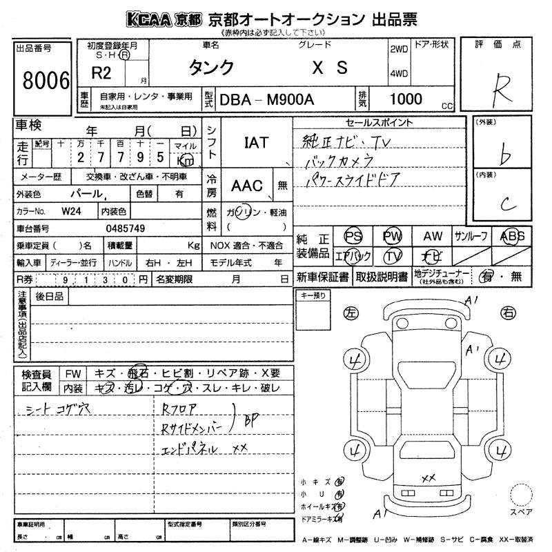 Аукционный лист TOYOTA TANK 2020