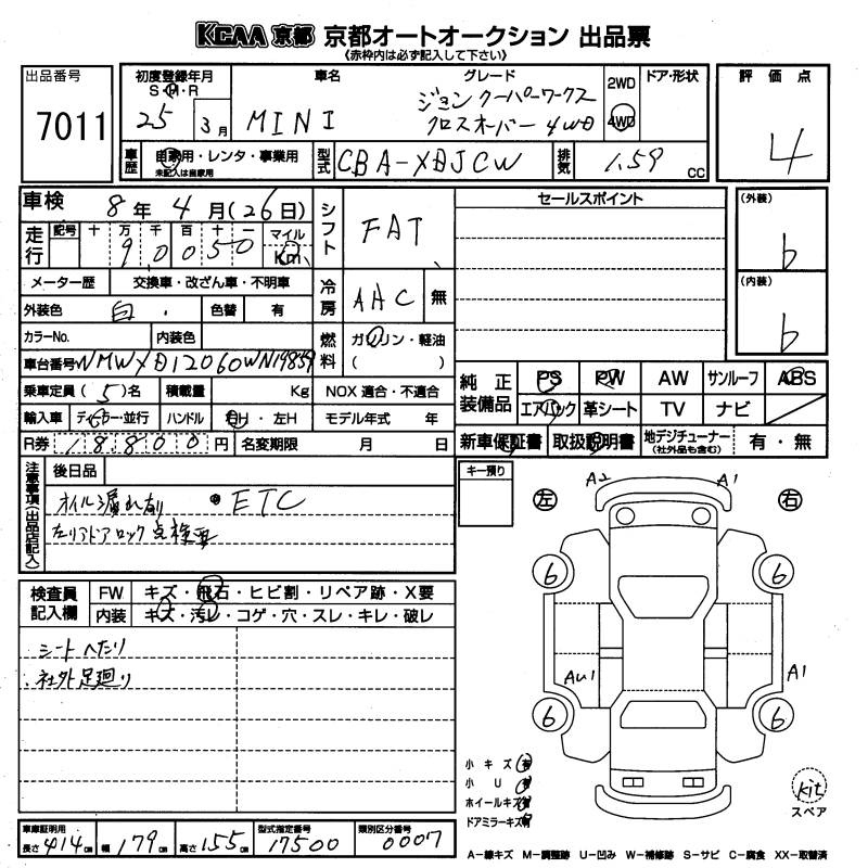 Аукционный лист BMW MINI 2013