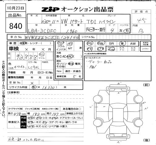 Аукционный лист VOLKSWAGEN PASSAT 2018