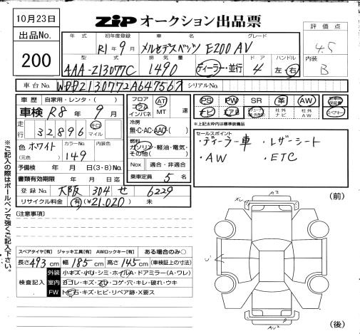 Аукционный лист MERCEDES BENZ E CLASS 2019