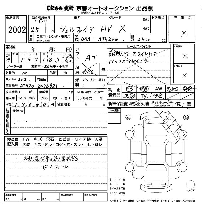 Аукционный лист TOYOTA VELLFIRE 2013