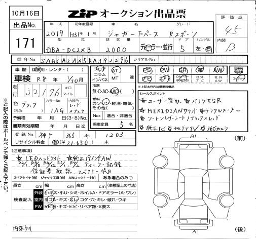 Аукционный лист JAGUAR F-PACE 2019