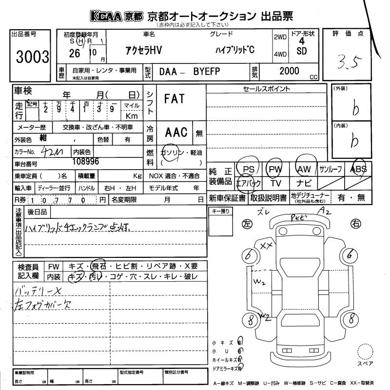 Аукционный лист MAZDA AXELA 2014