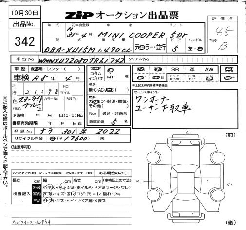 Аукционный лист BMW MINI 2019