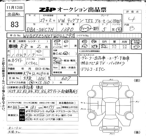 Аукционный лист VOLKSWAGEN TIGUAN 2015