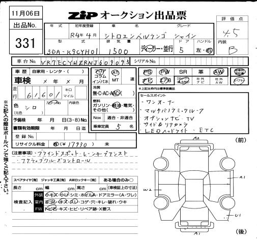Аукционный лист CITROEN BERLINGO 2022