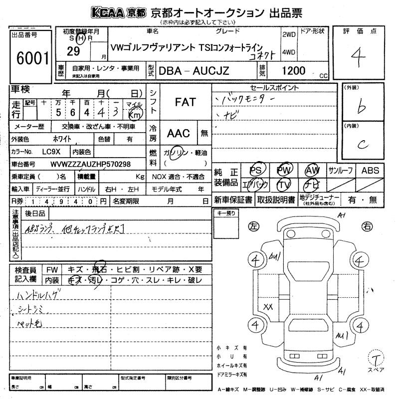 Аукционный лист VOLKSWAGEN GOLF VARIANT 2017