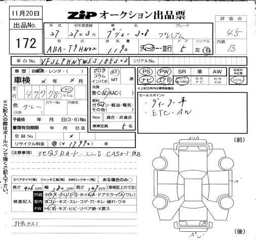 Аукционный лист PEUGEOT 308 2015