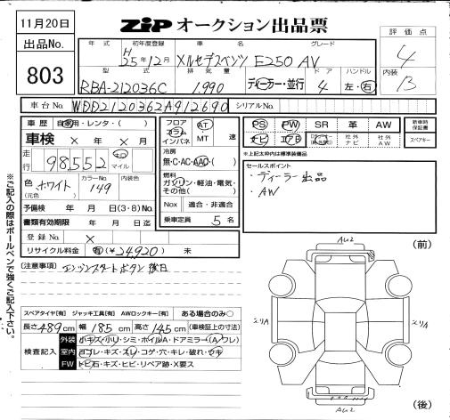 Аукционный лист MERCEDES BENZ E CLASS 2013